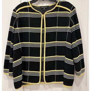 Ming Wang Black And White W/ Yellow Ribbed Stripes Knit Cardigan Jacket Sz XL